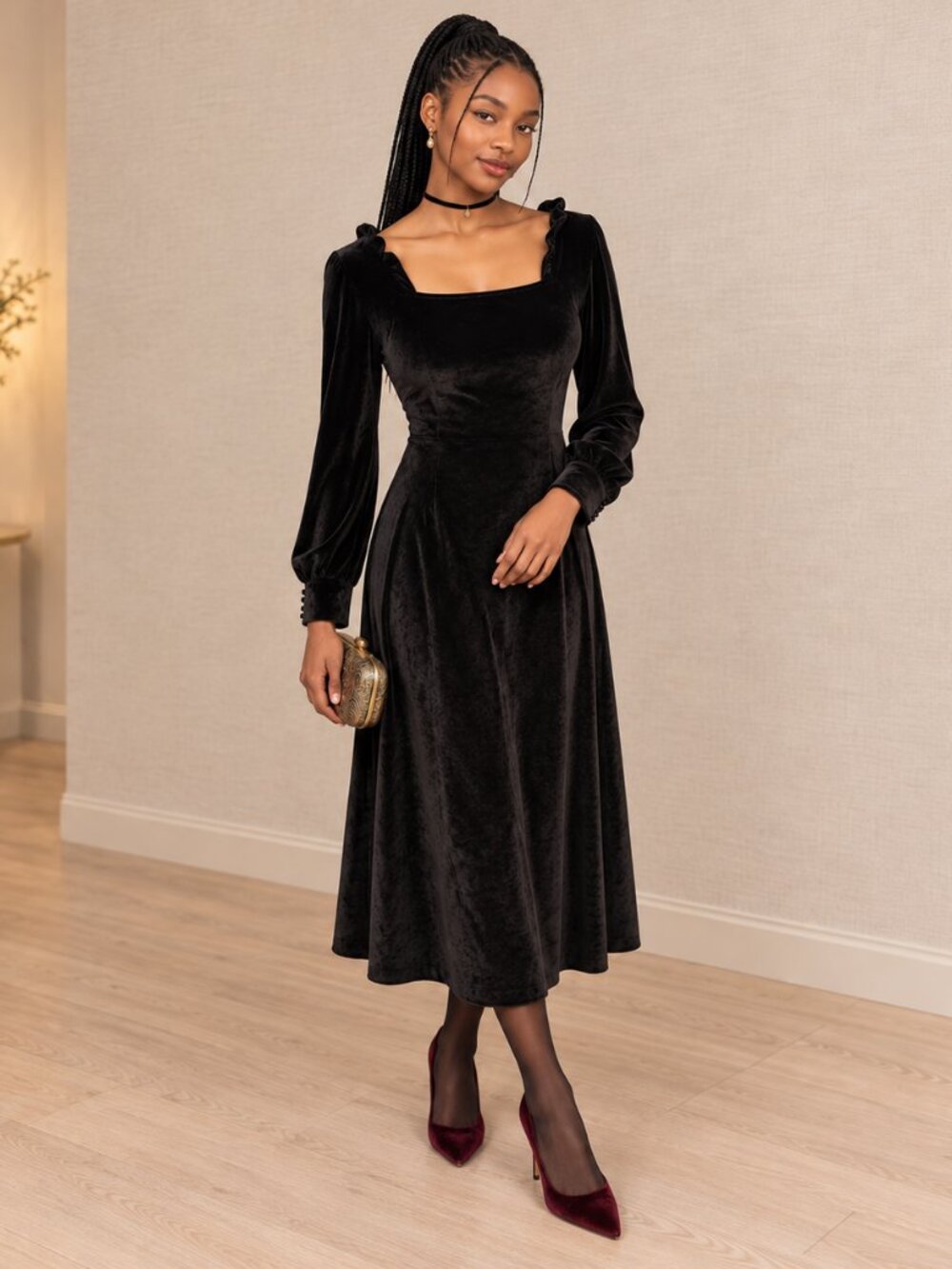 Xianxia Black Velvet Long-Sleeve Square Neck Dress Large Victorian Goth